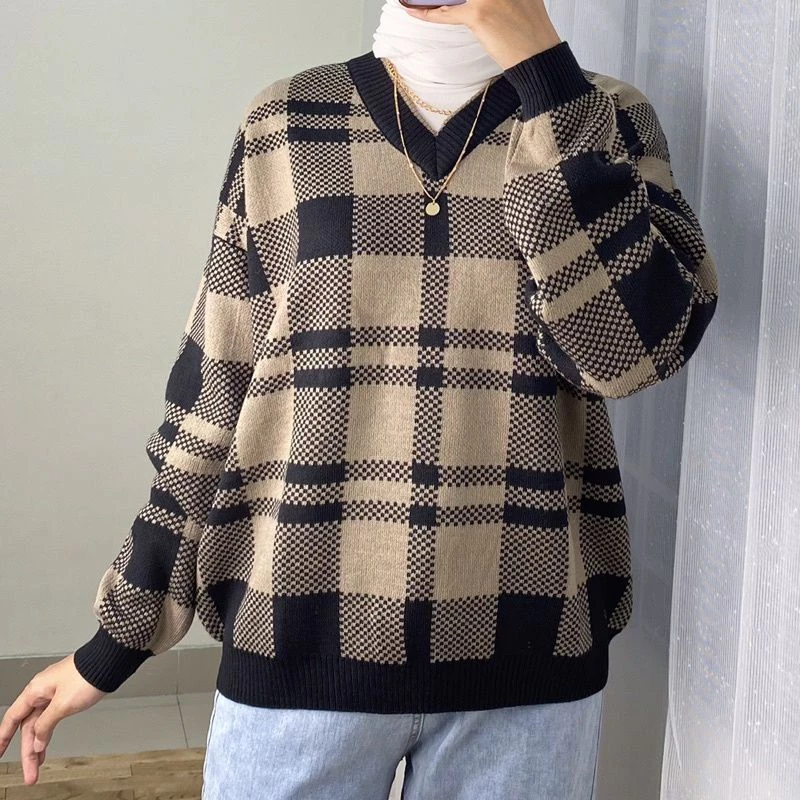 SWEATER RAJUT TARTAN WANITA OVER SIZE MOTIF KOTAK LEMBUT