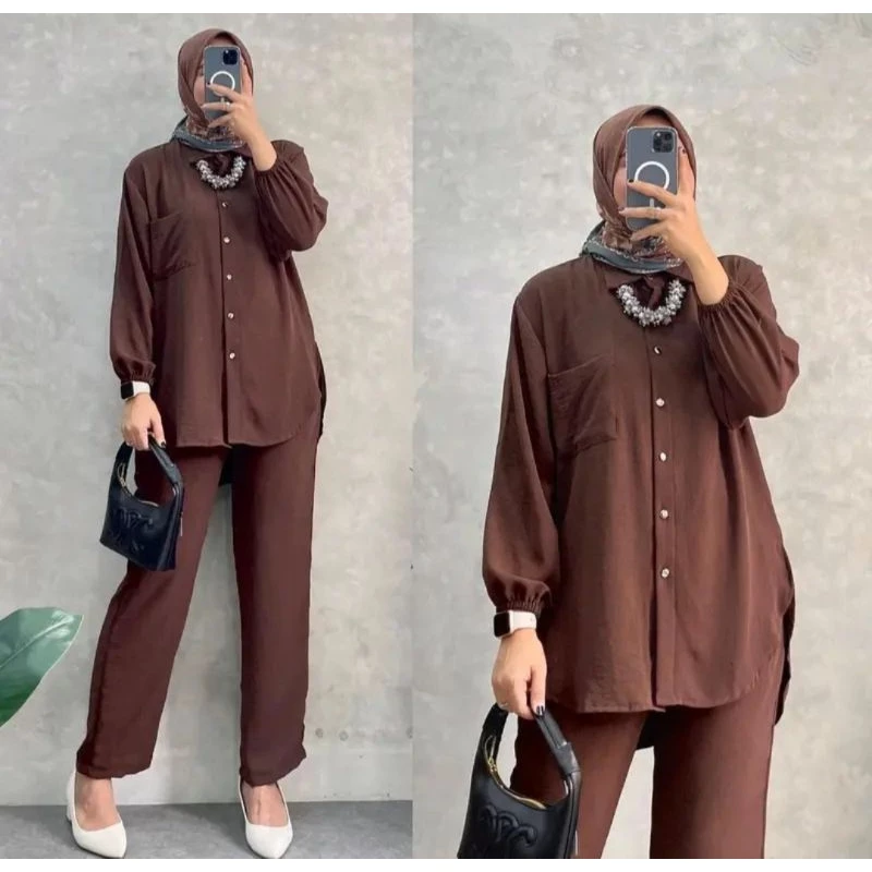ONE SET AMANDA CRINKLE//KEMEJA ATASAN SET KERAH WANITA CRINKLE//SET PANJANG PAKAIAN MUSLIM