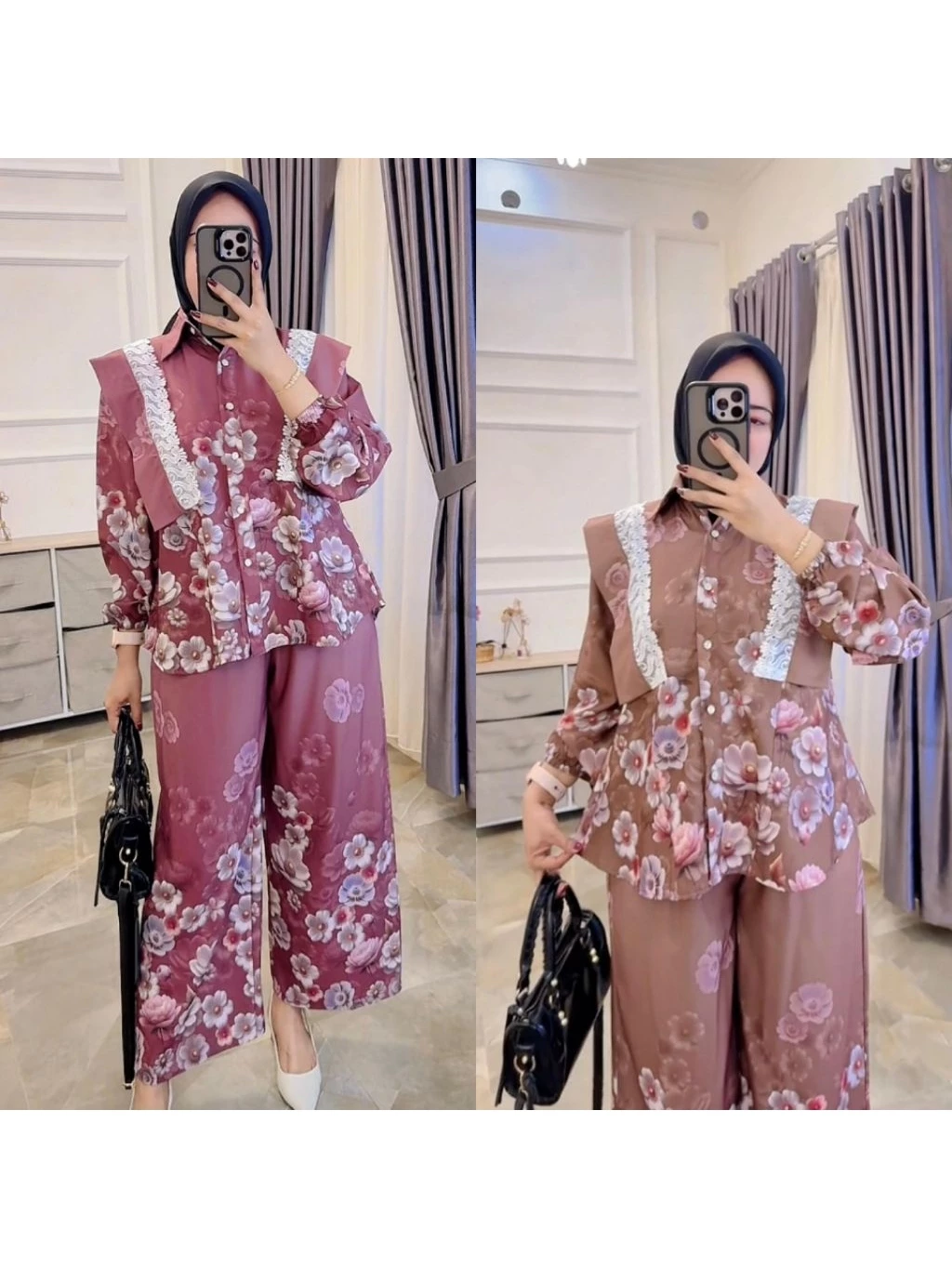 Dellina One Set Setelan Celana Atasan Blouse Wanita Coquette Aesthetic Casual Korean Style Pastel Fl