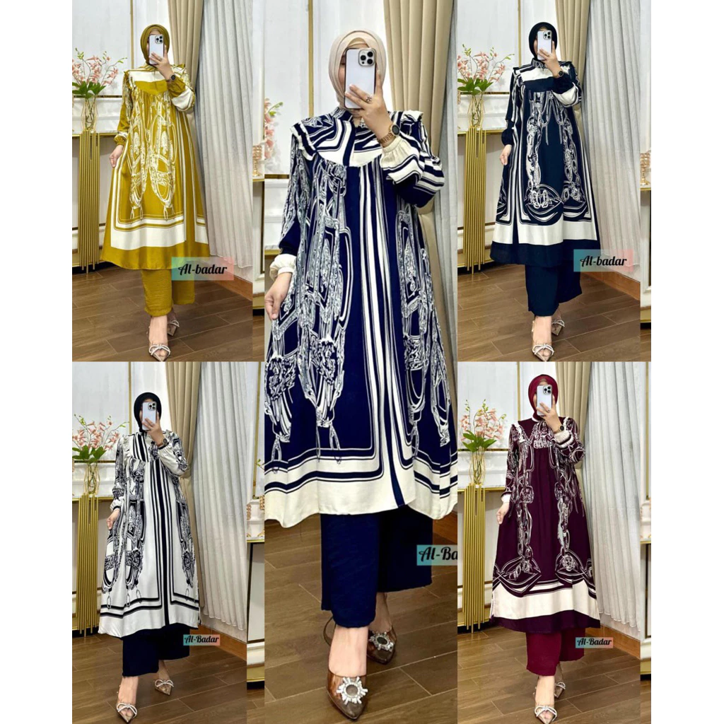 STELAN TUNIK KATUN RAYON MOTIF BUNGA MIX KRINGKEL BUSUI FREANDLY KERAH SANGHAY KOMBINASI BRUKAT MODE