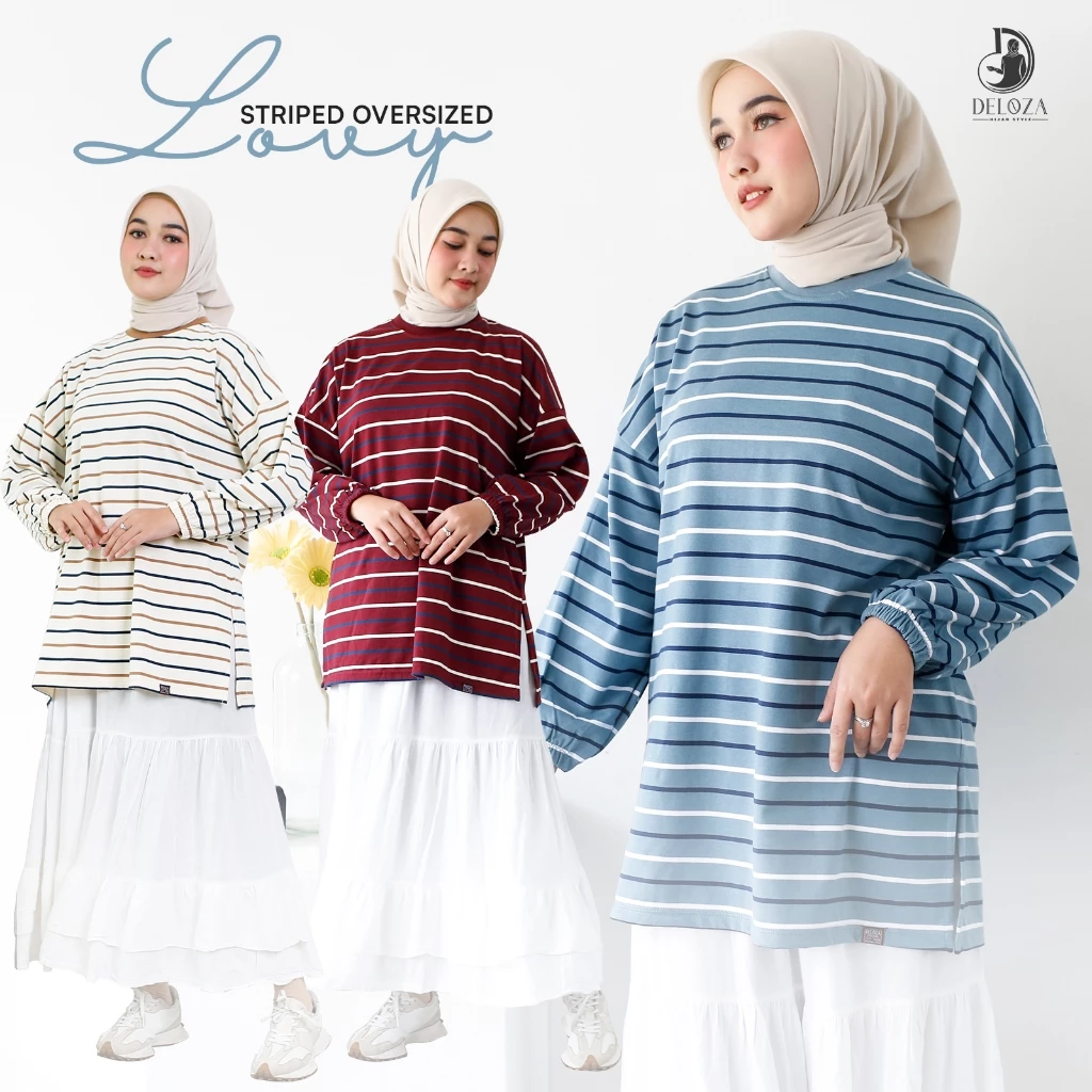 Lovy Stripe Oversize T Shirt Lengan Balon Atasan Kaos Salur Garis Daily Wanita Terbaru By Deloza