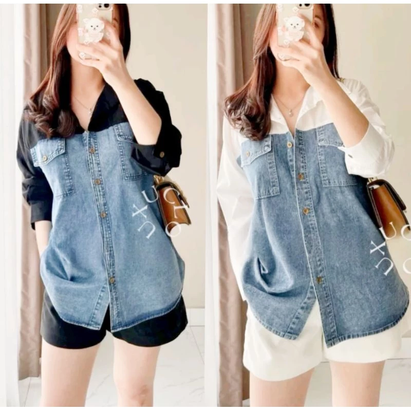 salsa-kemeja jeans mix rayon twiel & katun salur terbaru over saize