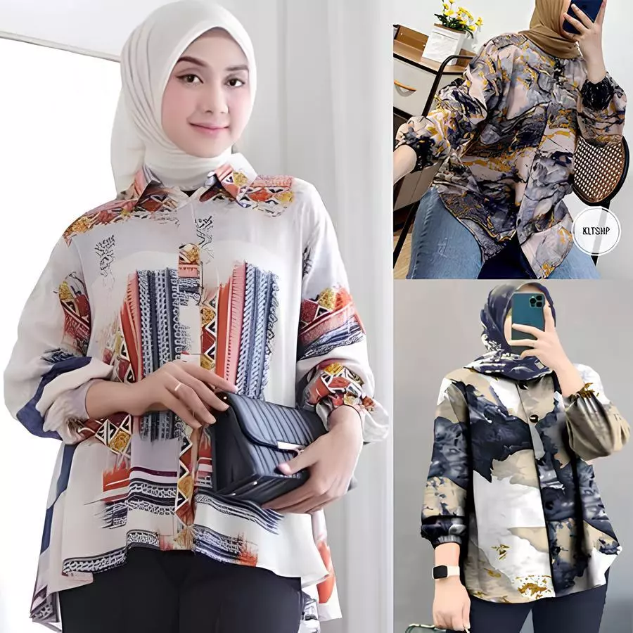 kemeja motif abstrak wanita jumbo lengan panjang 7/8 katun rayon model selegram terbaru