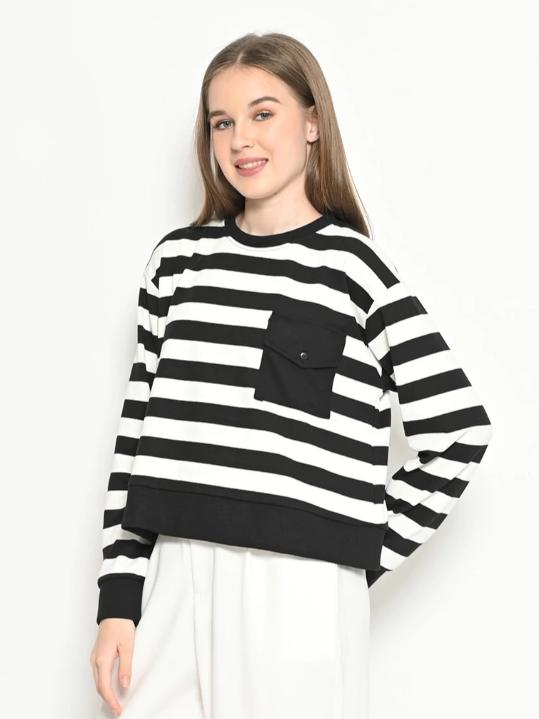 QUEENTIN Sweater Wanita Crop 0521 Stretch Caramel Knit Motif Salur Lengan Panjang