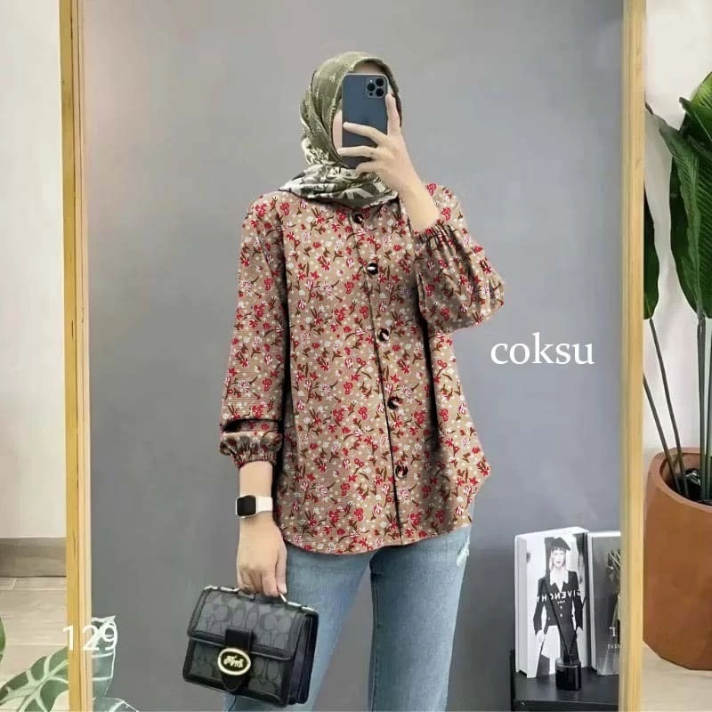 Blouse Atasan Wanita Oversize Blus Motif Bunga Lengan Panjang Olive